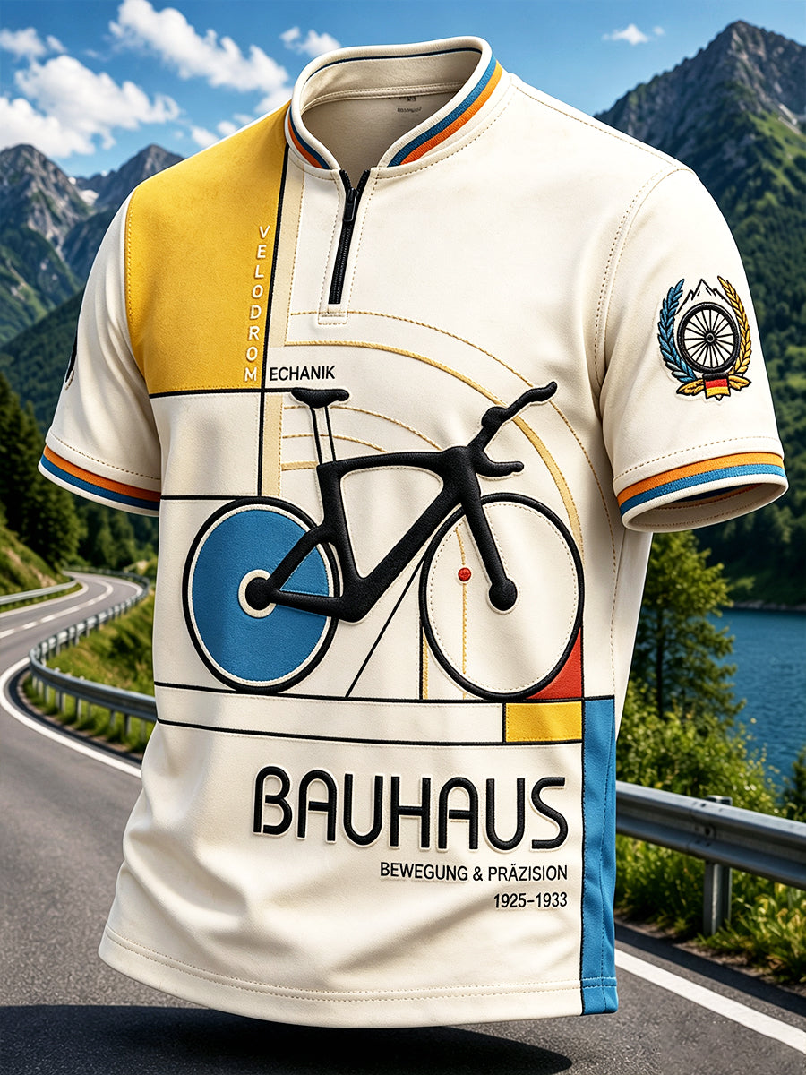 Herren-T-Shirt im deutschen Bauhaus-Stil mit geometrischem Fahrrad-Print und durchgehendem Reißverschluss, lässig geschnitten