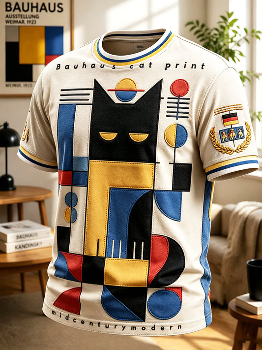 Herren-Casual-T-Shirt im deutschen Bauhaus-Stil mit Katzenmuster