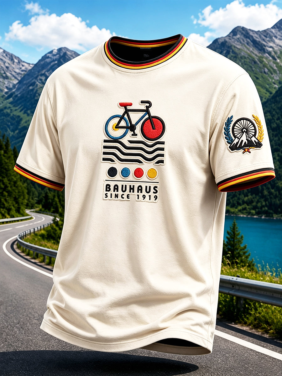 Herren-T-Shirt im deutschen Bauhaus-Stil mit geometrischem Fahrradmotiv, lässig geschnitten