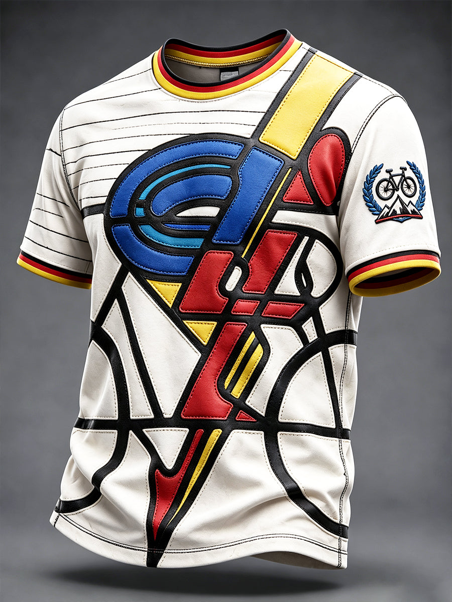Herren-Casual-T-Shirt im deutschen Stil mit geometrischem Patchwork- und Fahrraddruck
