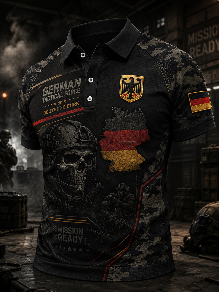 Herren-Poloshirt mit kurzen Ärmeln und Camouflage-Print im Militärstil