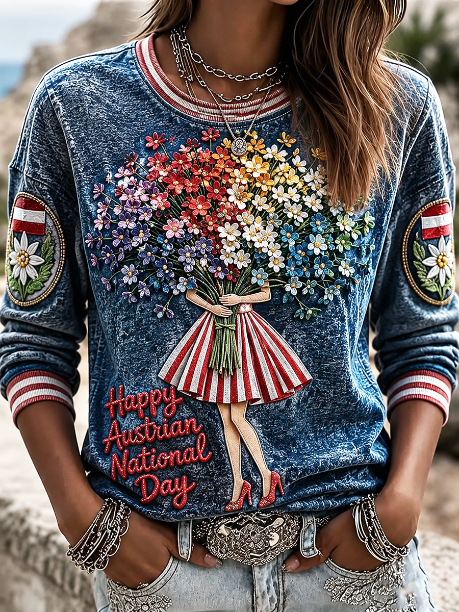 Damen-T-Shirt zum österreichischen Nationalfeiertag mit floralem Jeans-Optik-Print und langen Ärmeln – lässig und bequem