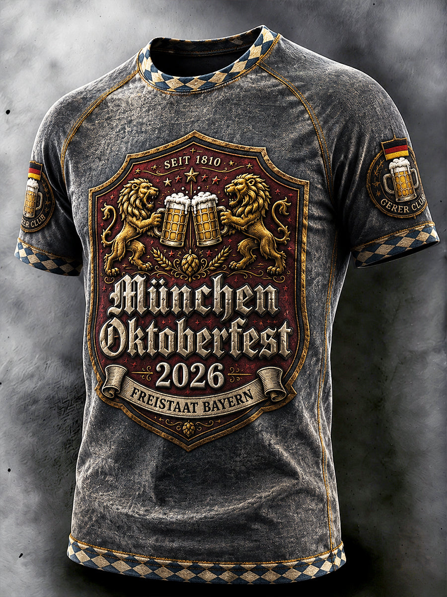 Herren schwarzes Vintage-Denim-Casual-T-Shirt mit deutschem Bierfest-Print