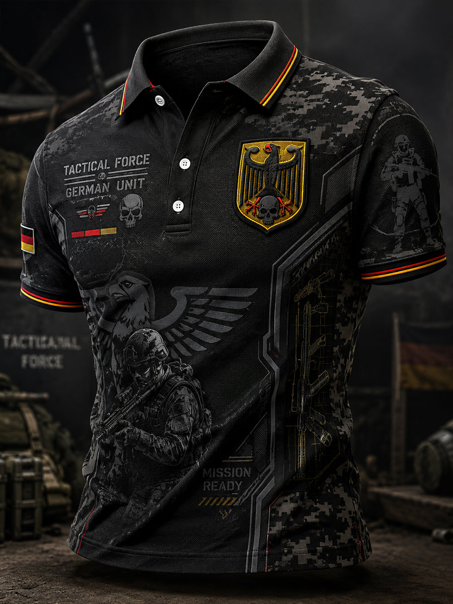 Herren-Poloshirt mit kurzen Ärmeln und vintage Militär-Print
