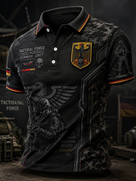 Herren-Poloshirt mit kurzen Ärmeln und vintage Militär-Print