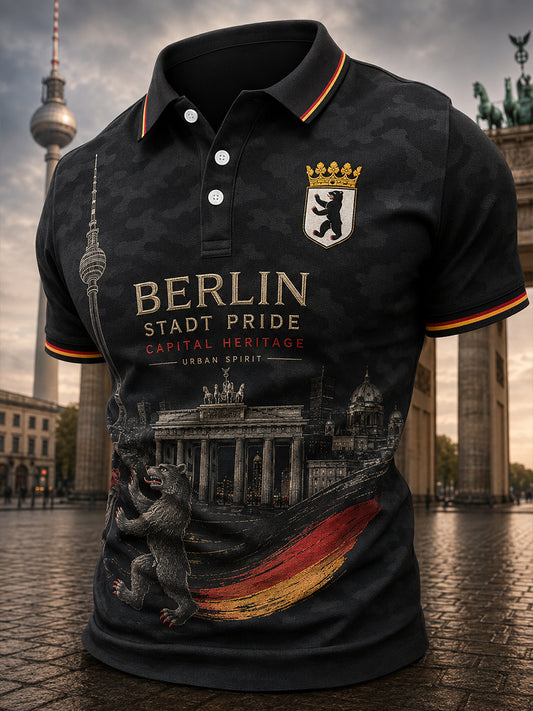 Herren-Poloshirt mit kurzen Ärmeln und urbanem, erinnerungsträchtigem Grafikdruck