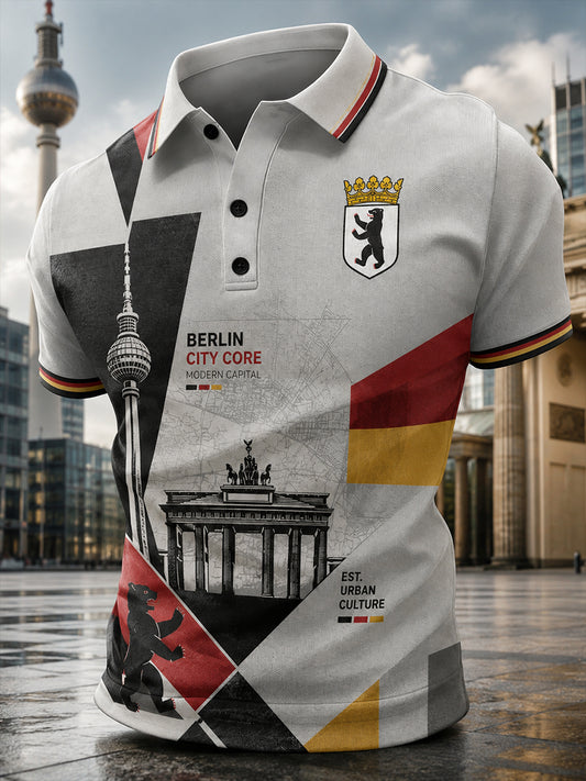 Herren-Poloshirt mit kurzen Ärmeln und urbanem, erinnerungsträchtigem Grafikdruck