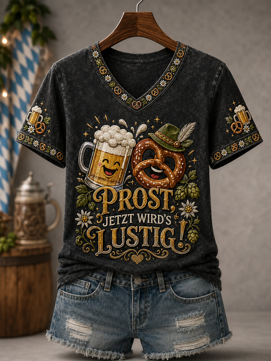 Frauen-Funny-Oktoberfest Prost! Bedrucktes Freizeit-T-Shirt mit V-Ausschnitt