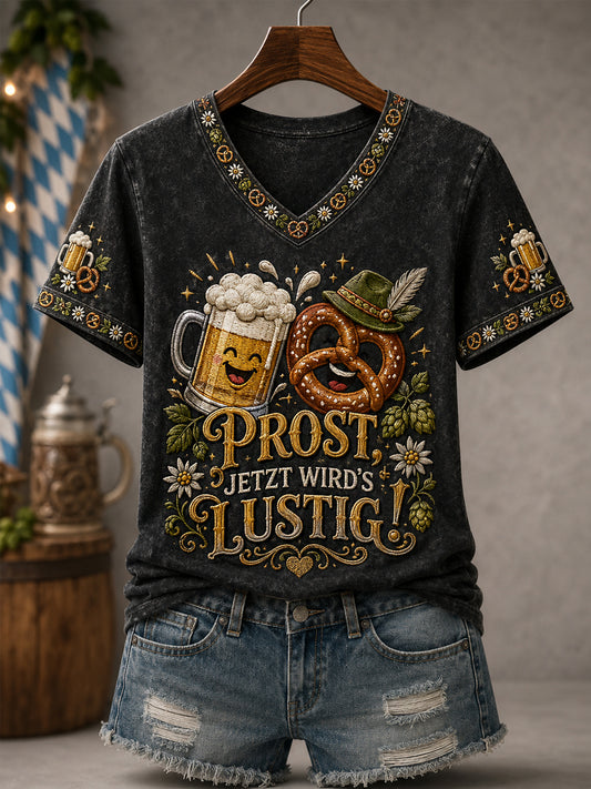 Frauen-Funny-Oktoberfest Prost! Bedrucktes Freizeit-T-Shirt mit V-Ausschnitt