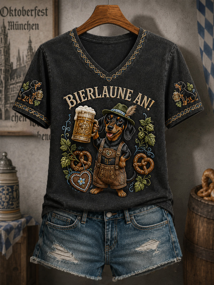 Frauen-Freundlicher Dackel-Oktoberfest-Prost! Bedrucktes Freizeit-T-Shirt mit V-Ausschnitt