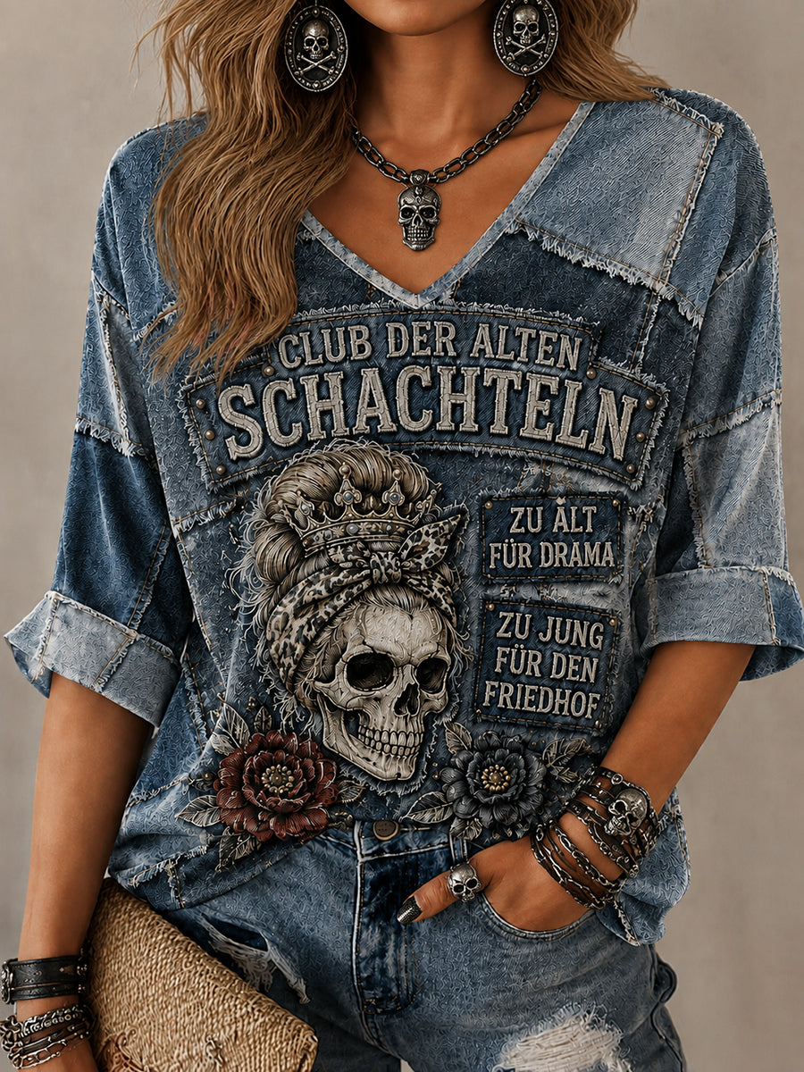 Frauen Lustiges Slogan Print Mittellange Ärmel V-Ausschnitt T-Shirt