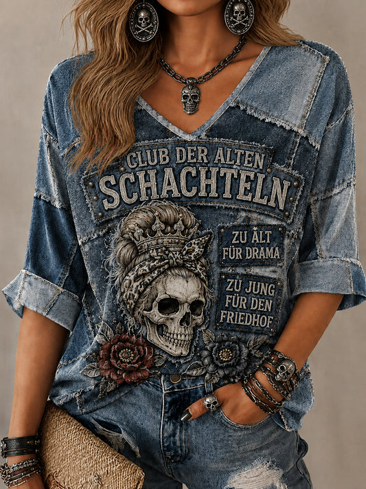Frauen Lustiges Slogan Print Mittellange Ärmel V-Ausschnitt T-Shirt