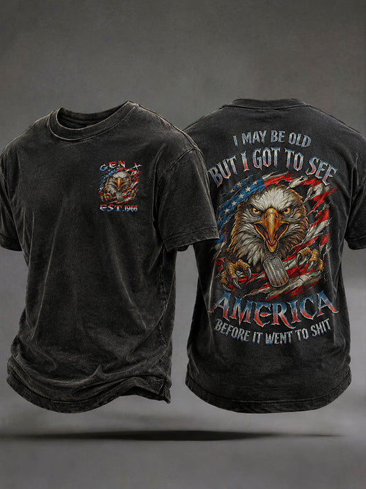 Herren-T-Shirts mit dem Spruch „Ich bin zwar alt, aber ich muss Amerika noch sehen, bevor es den Bach runtergeht“
