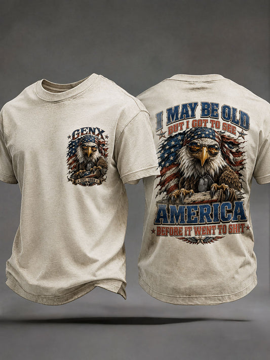 Herren-T-Shirts mit dem Spruch „Ich bin zwar alt, aber ich muss Amerika noch sehen, bevor es den Bach runtergeht“