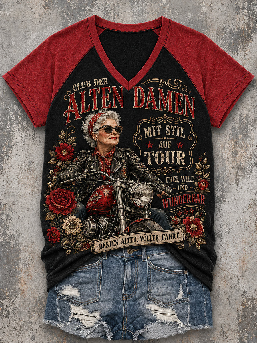 Damen-Vintage-Raglan-T-Shirt mit Slogan-Print, V-Ausschnitt und kurzen Ärmeln