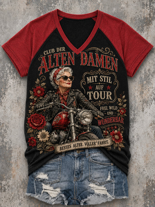 Damen-Vintage-Raglan-T-Shirt mit Slogan-Print, V-Ausschnitt und kurzen Ärmeln