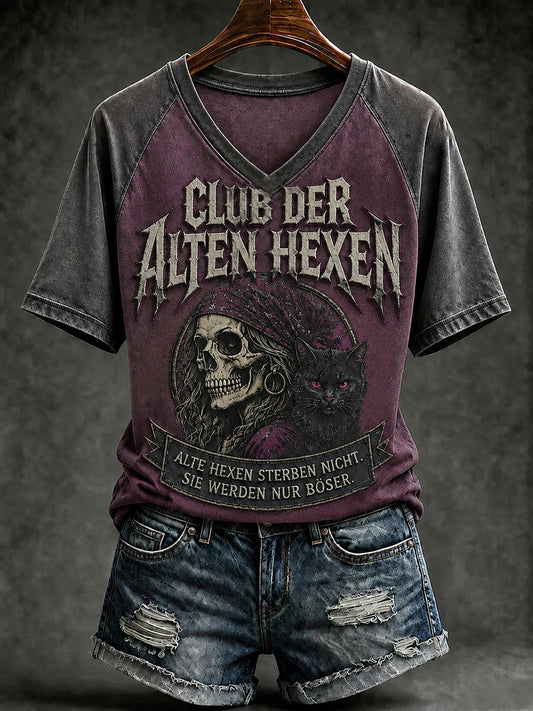 Frauen-T-Shirt mit witzigem Halloween-Print und V-Ausschnitt