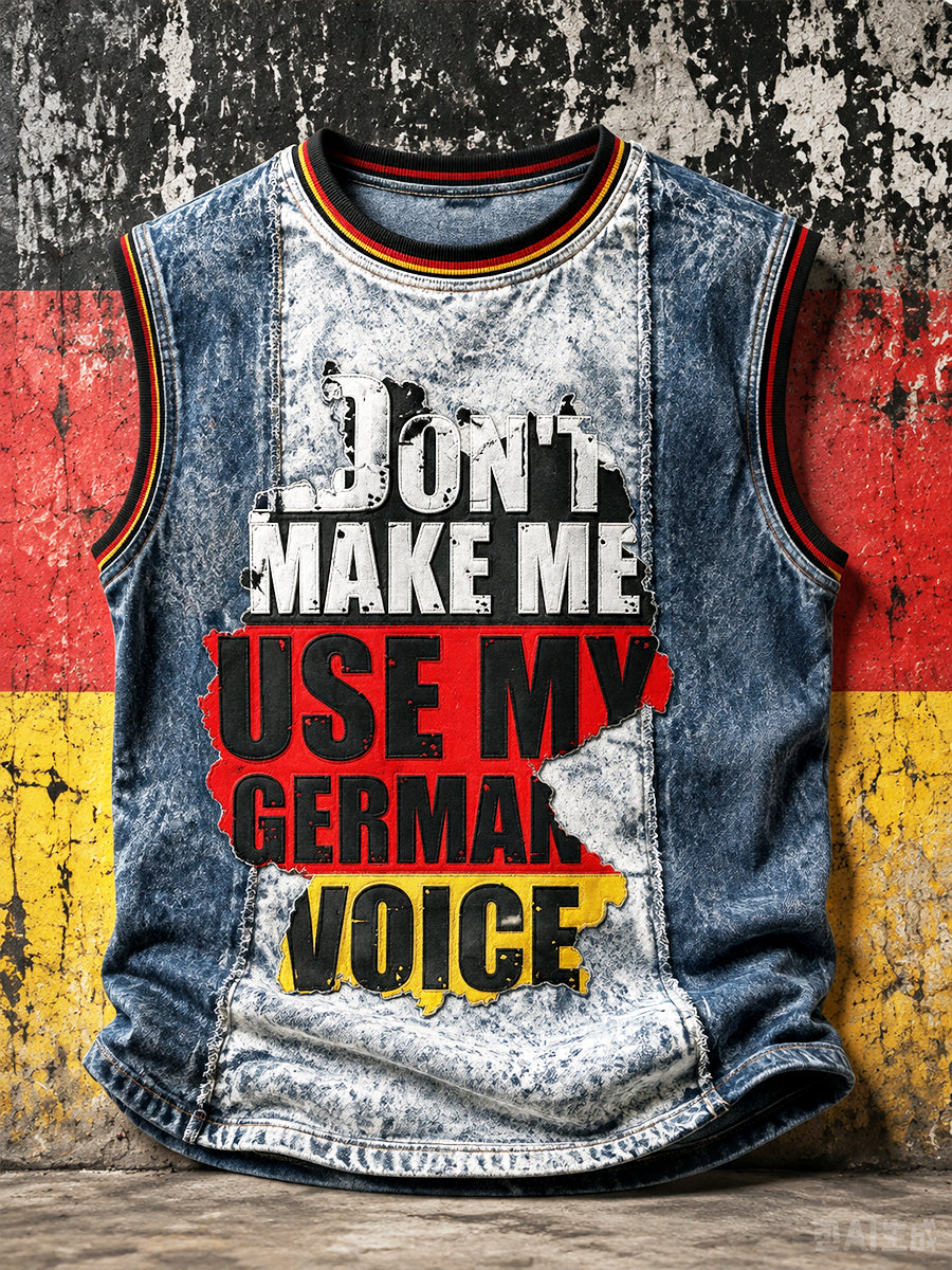 Herrenweste im deutschen Design mit Jeans-Optik, Patchwork-Print und lässigem Stil