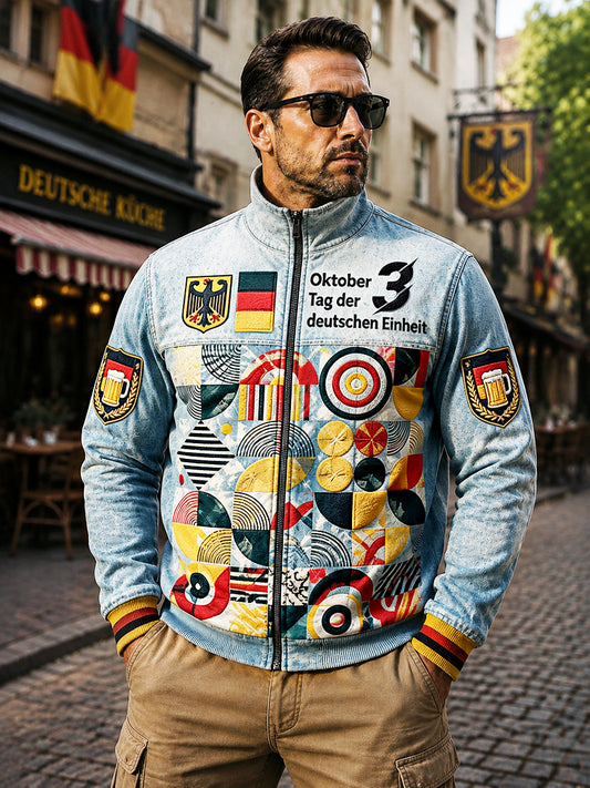 Herren-Bauhaus-Jacke aus Deutschland mit geometrischem Patchwork-Print und Reißverschluss für den Alltag