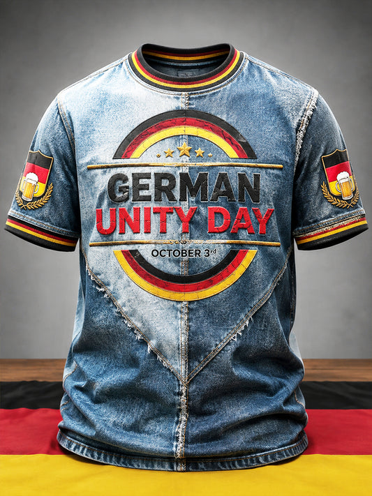 Herren-Retro-Denim-Patchwork-Casual-T-Shirt zum Tag der Deutschen Einheit