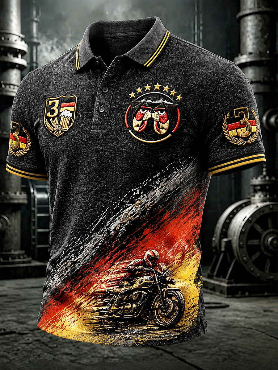 Herren Schwarz Deutscher National feiertag Motorrad-Print Casual Polo Shirt
