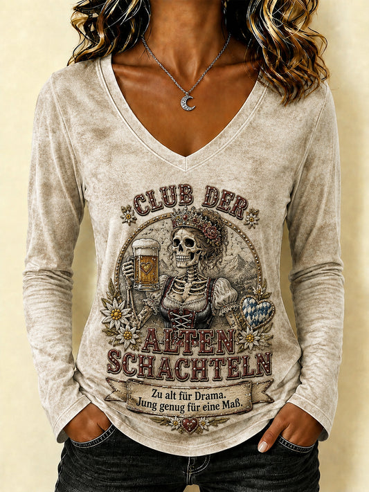 Frauen-Funny-Oktoberfest-Print T-Shirt mit V-Ausschnitt und langen Ärmeln