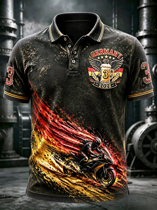 Herren Retro Schwarz Deutscher National feiertag Bier-Print Casual Polo Shirt