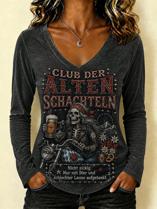 Frauen-Funny-Oktoberfest-Print T-Shirt mit V-Ausschnitt und langen Ärmeln