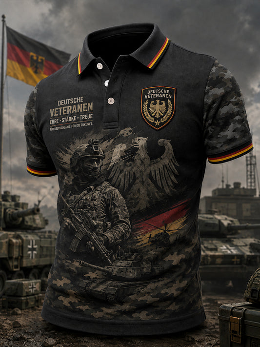 Herren-Poloshirt mit kurzen Ärmeln und vintage Militär-Print