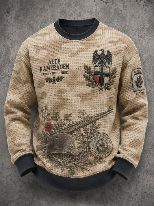 Herren-Waffelstrick-T-Shirt mit langen Ärmeln und Vintage-Print im Militärstil