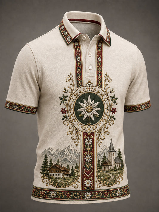 Herren-Polo im österreichischen Landhausstil mit Kunstdruck, lässig