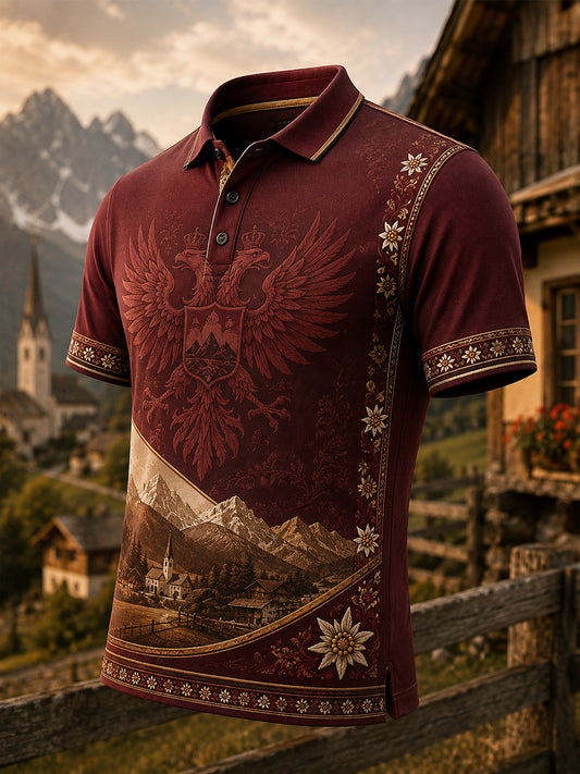 Herren-Polo im österreichischen Landhausstil mit Kunstdruck, lässig