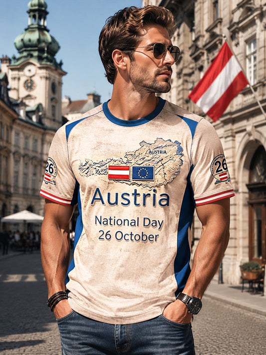 Herren-Retro-Casual-T-Shirt mit Patchwork-Print zum österreichischen Nationalfeiertag