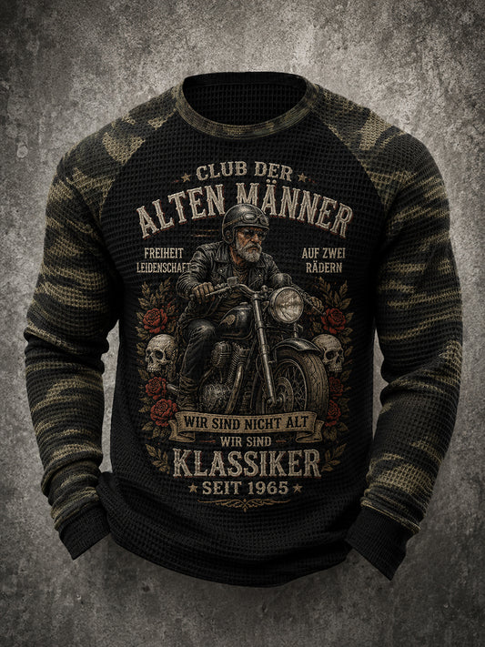 Herren-T-Shirt mit grafischem „Old Men’s Club“-Print, Waffelstruktur und Raglanärmeln, langarm