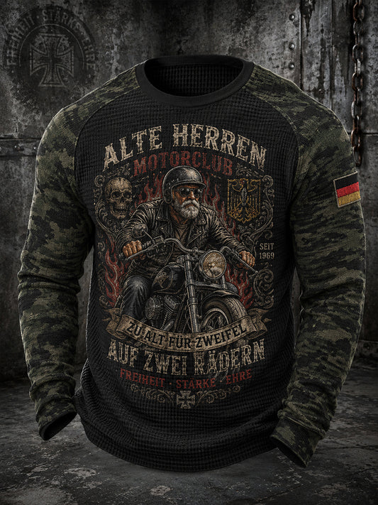 Herren-T-Shirt mit grafischem „Old Men’s Club“-Print, Waffelstruktur und Raglanärmeln, langarm