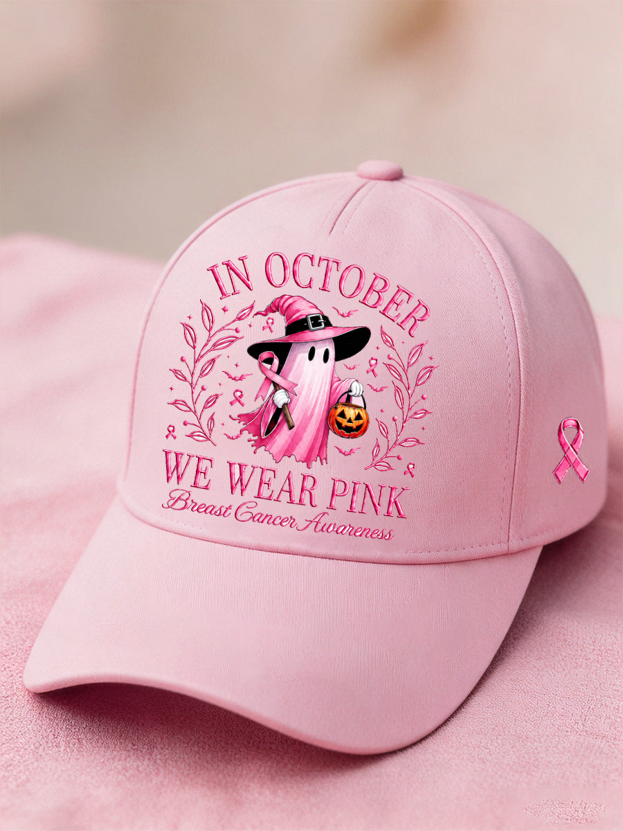 Unisex Im Oktober tragen wir Pink Halloween-Pink Geist-Print Brustkrebsbewusstseins-Unterstützungsmütze