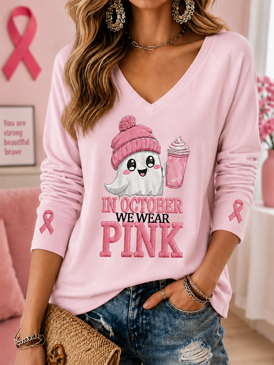Frauen im Oktober tragen wir rosa Halloween-rosa Geister druck Brustkrebs-Bewusstseins-Unterstützung V-Ausschnitt lang ärmel iges T-Shirt