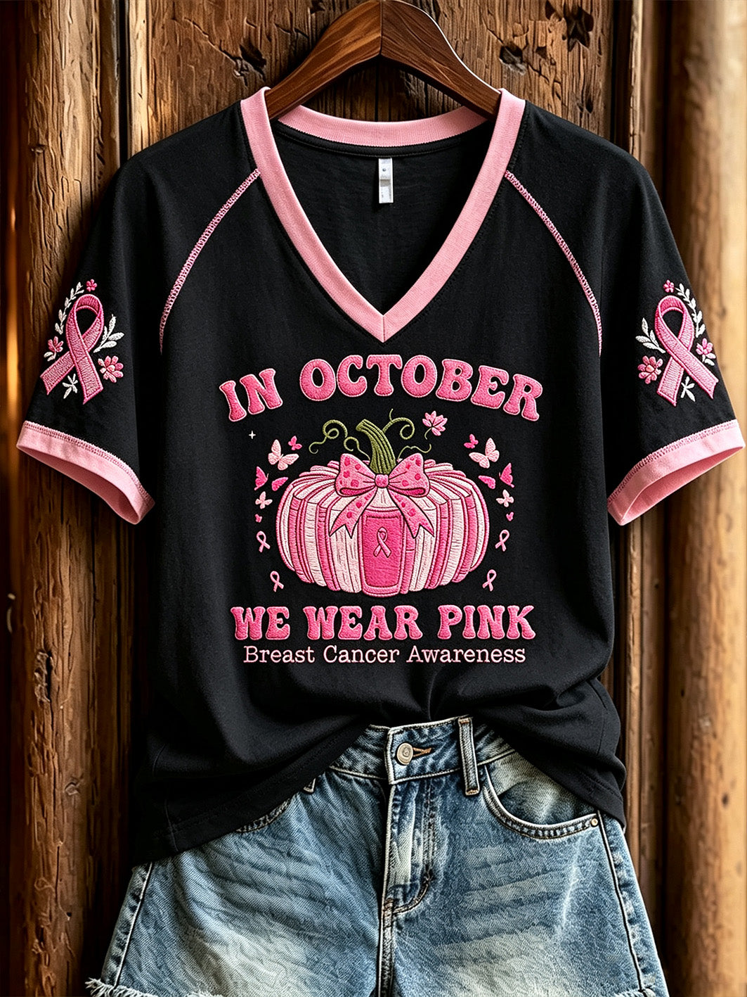 Frauen-Kurzarm-T-Shirt mit Brustkrebs-Muster bedruckt