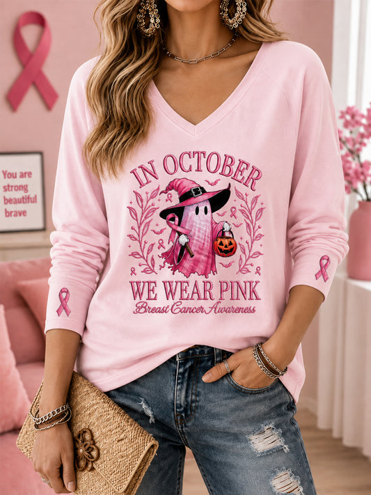 Damen-T-Shirt im Oktober tragen wir Pink Halloween-Pink Geister-Print Brustkrebsbewusstseins-Unterstützung V-Ausschnitt Langarm