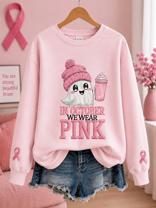 Frauen im Oktober tragen wir rosa Halloween Pink Ghost Print Brustkrebs Bewusstsein Unterstützung Sweatshirt