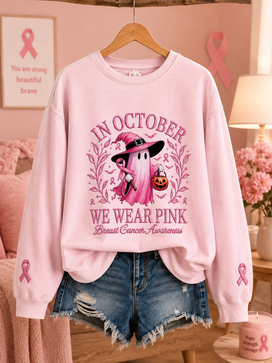 Damen-„Im Oktober tragen wir Pink“ Halloween-Pink Geister-Print Sweatshirt zur Brustkrebsaufklärung