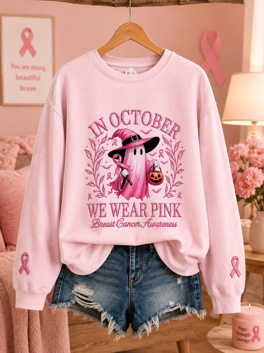 Damen-„Im Oktober tragen wir Pink“ Halloween-Pink Geister-Print Sweatshirt zur Brustkrebsaufklärung