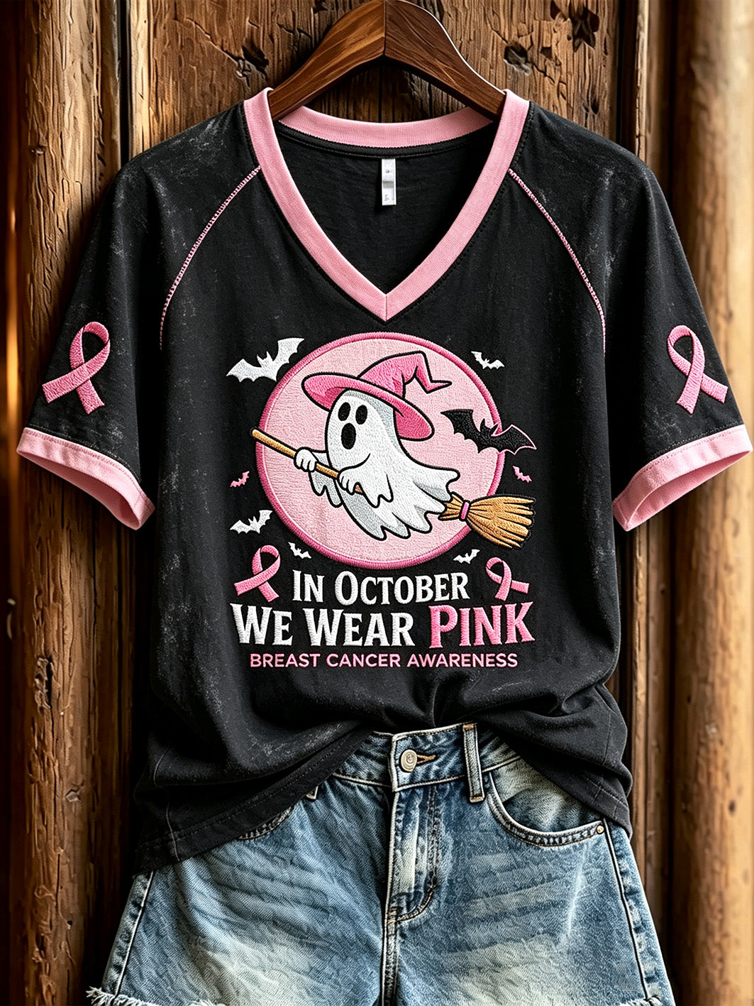 Freizeit-T-Shirt mit kurzem Ärmel und aufgedrucktem Muster zum Thema Brustkrebs bei Frauen