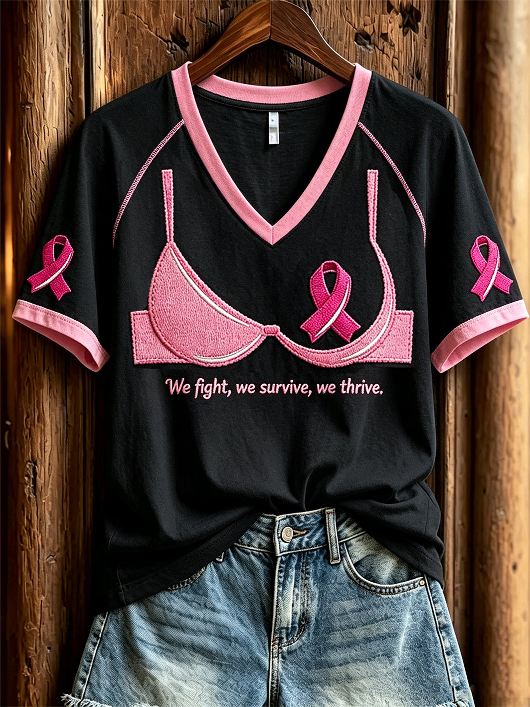 Freizeit-T-Shirt mit kurzem Ärmel und aufgedrucktem Muster zum Thema Brustkrebs bei Frauen