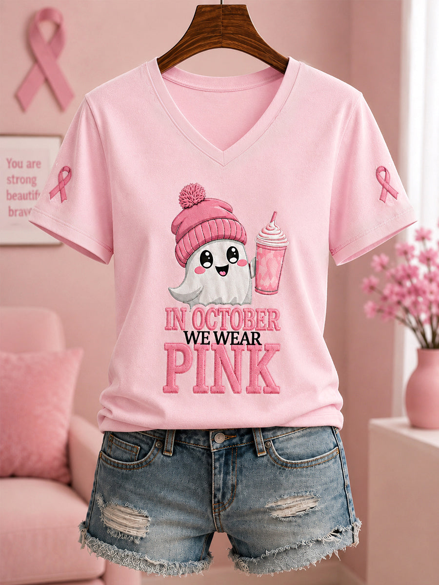 Frauen im Oktober tragen wir rosa Halloween Pink Ghost Print Brustkrebs Sensi bilisierung Unterstützung V-Ausschnitt T-Shirt