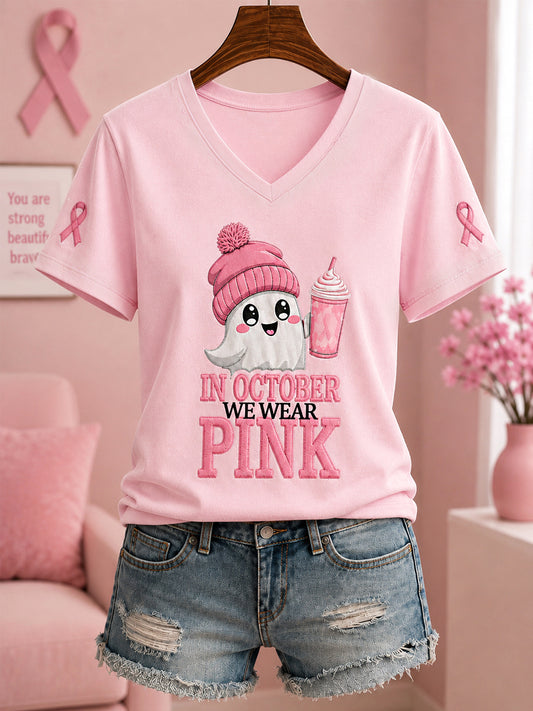 Frauen im Oktober tragen wir rosa Halloween Pink Ghost Print Brustkrebs Sensi bilisierung Unterstützung V-Ausschnitt T-Shirt