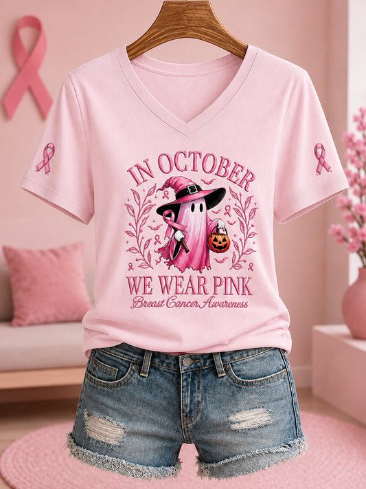 Frauen im Oktober tragen wir rosa Halloween Pink Ghost Print Brustkrebs Sensi bilisierung Unterstützung V-Ausschnitt T-Shirt