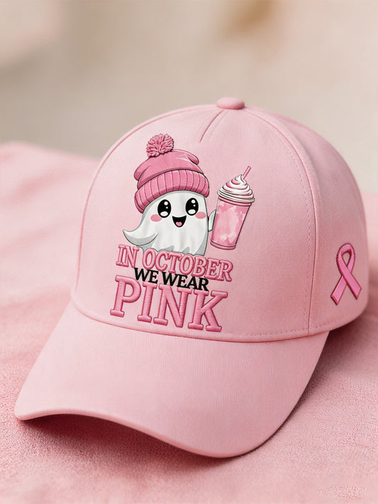 Unisex Im Oktober tragen wir Pink Halloween-Pink Geist-Print Brustkrebsbewusstseins-Unterstützungsmütze
