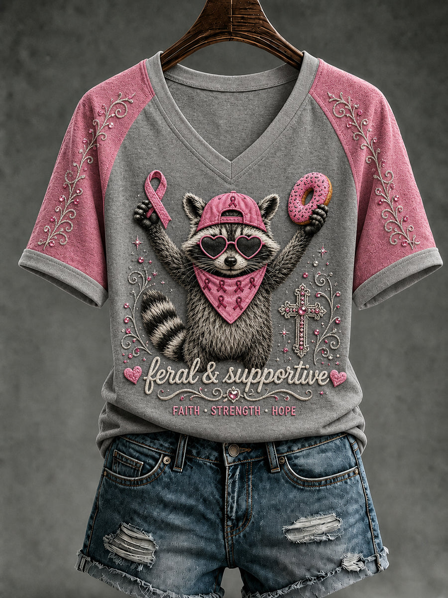 Brustkrebs Bewusstsein Rosa Band T-Shirt mit Waschbär V-Ausschnitt Design