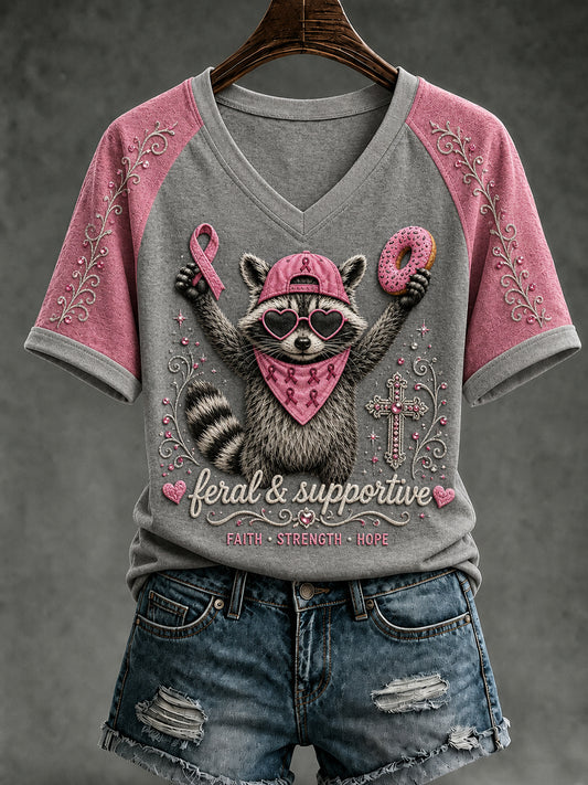 Brustkrebs Bewusstsein Rosa Band T-Shirt mit Waschbär V-Ausschnitt Design